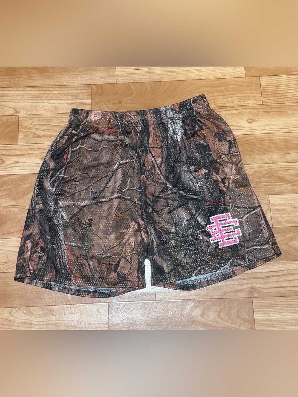 Eric Emanuel Brown Camo Athletic Shorts with Pink Logo